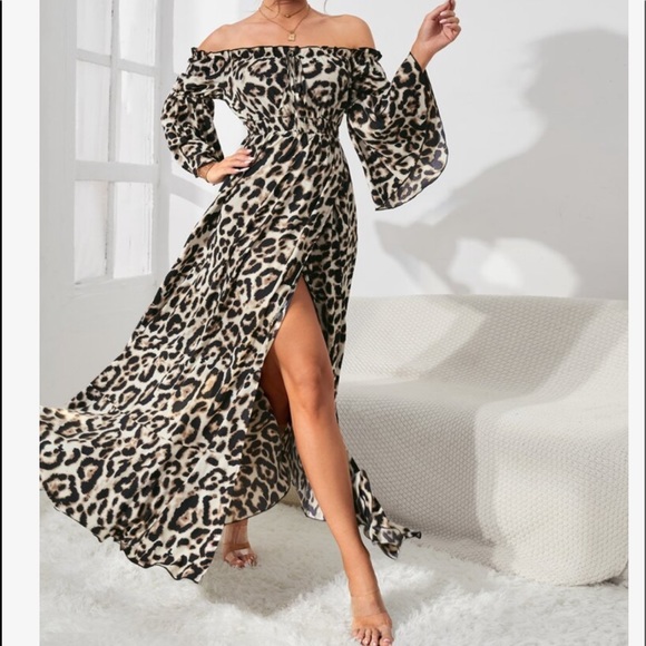 Boho Leopard Print Off Shoulder Slit Maxi Smocked Waist Dress - Picture 5 of 6